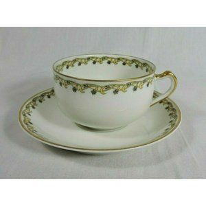 Haviland Schleiger 101 Black Flower Yellow Scroll Gold Trim Tea Cup & Saucer